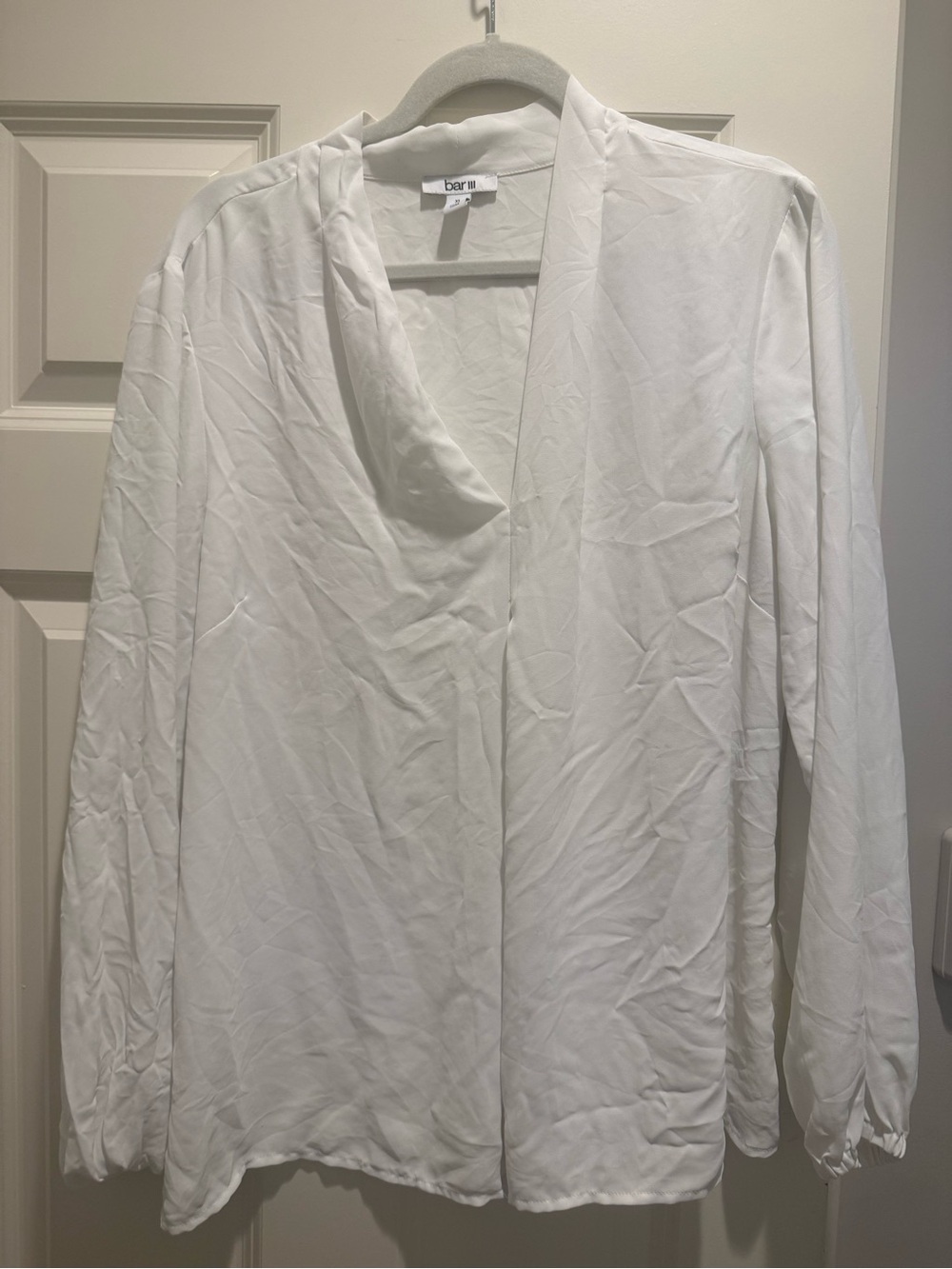 Bar III White Draped V-Neck Long Sleeve Blouse